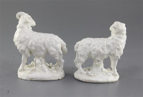 A rare pair of Derby dry-edge figures of a ram and ewe, c.1752, Andrew Planché period, h. 13cm and 12cm, small areas of restoration